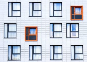 building facade with windows black and orange frames